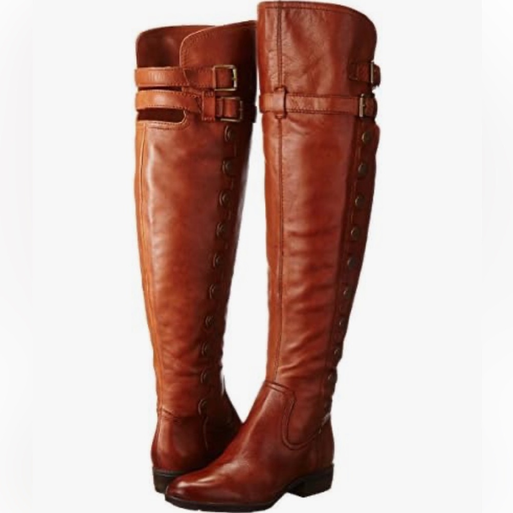 Sam Edelman Pierce 2 Athletic Button-Accent Riding Boots - Cognac Brown. Size 8